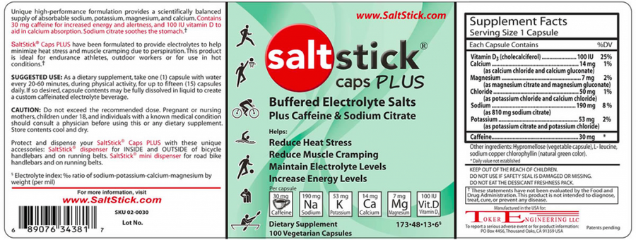 SaltStick Race Ready Electrolyte Caps Plus | 100 Capsules with Caffeine